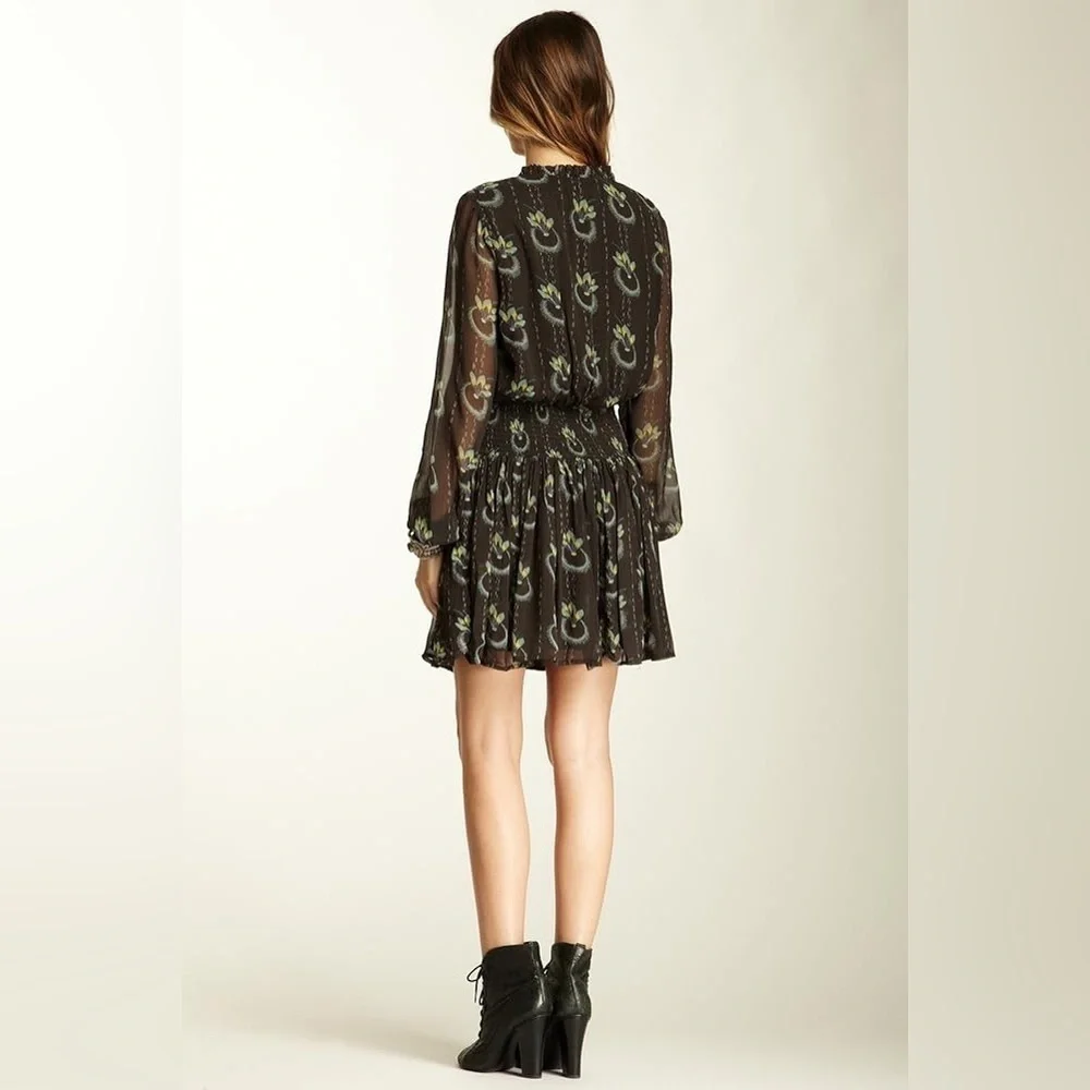 Free People Black Wild Horses Peacock Print Boho Long Sleeve Flounce Hem Dress M